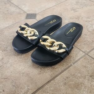 Black Sandals with Gold Chain Accent